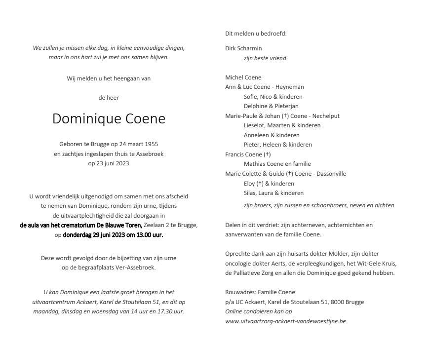 Dominique Coene 23/06/2023 Dans nos pensées